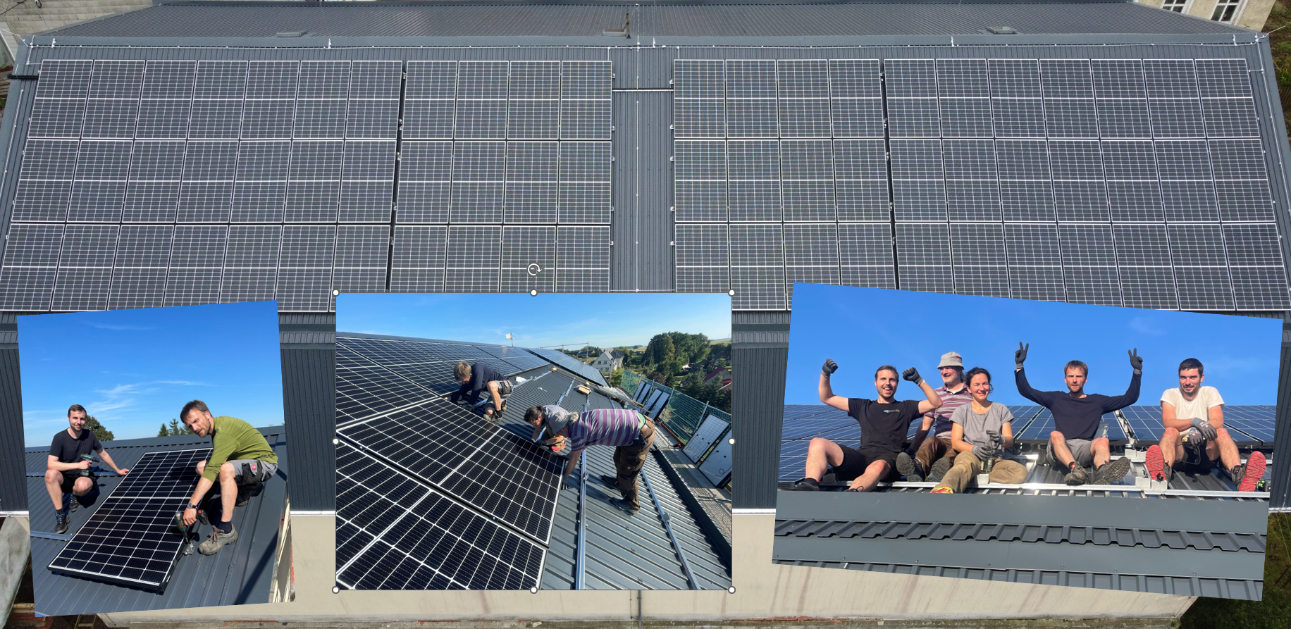 Die Bildercollage zeigt das Dach mit PV-Modulen und kleinere Bilder die Phase des Aufbaus unter Beteiligung unterschiedlicher Menschen.